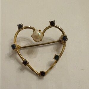 Vintage 1950s Gold Heart Brooch with Faux Pearl and glass Gem Accents